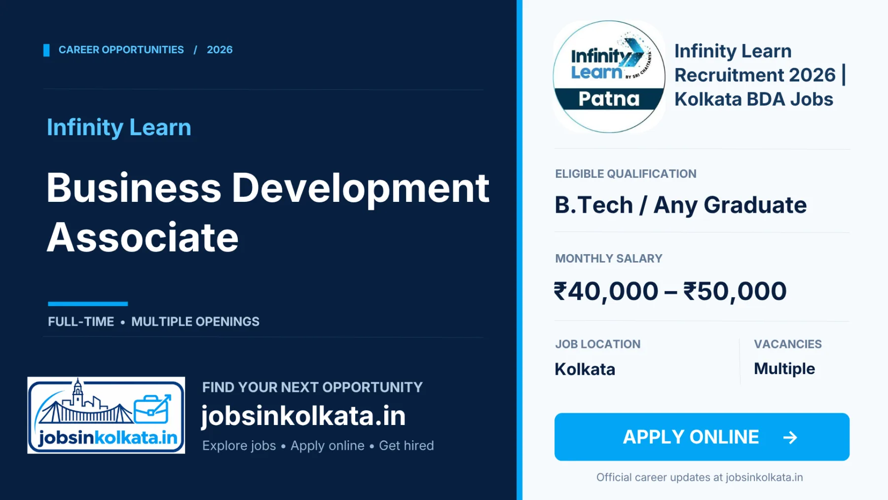 Infinity Learn Recruitment 2026 – Business Development Associate Jobs in Kolkata | Salary ₹40,000–₹50,000