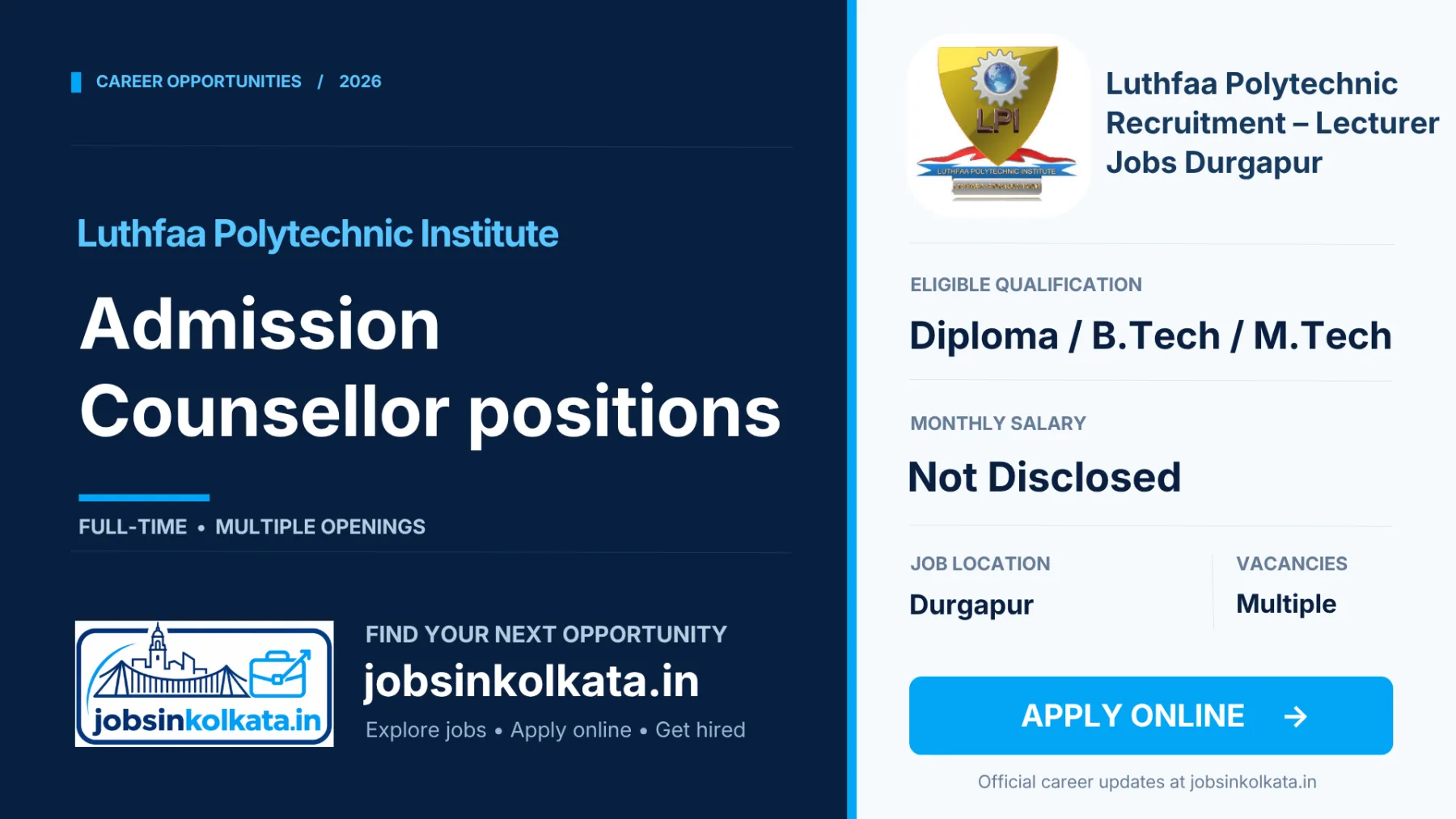 Luthfaa Polytechnic Institute Recruitment – Lecturer, ITI Instructor, Accountant & Office Assistant Jobs in Durgapur