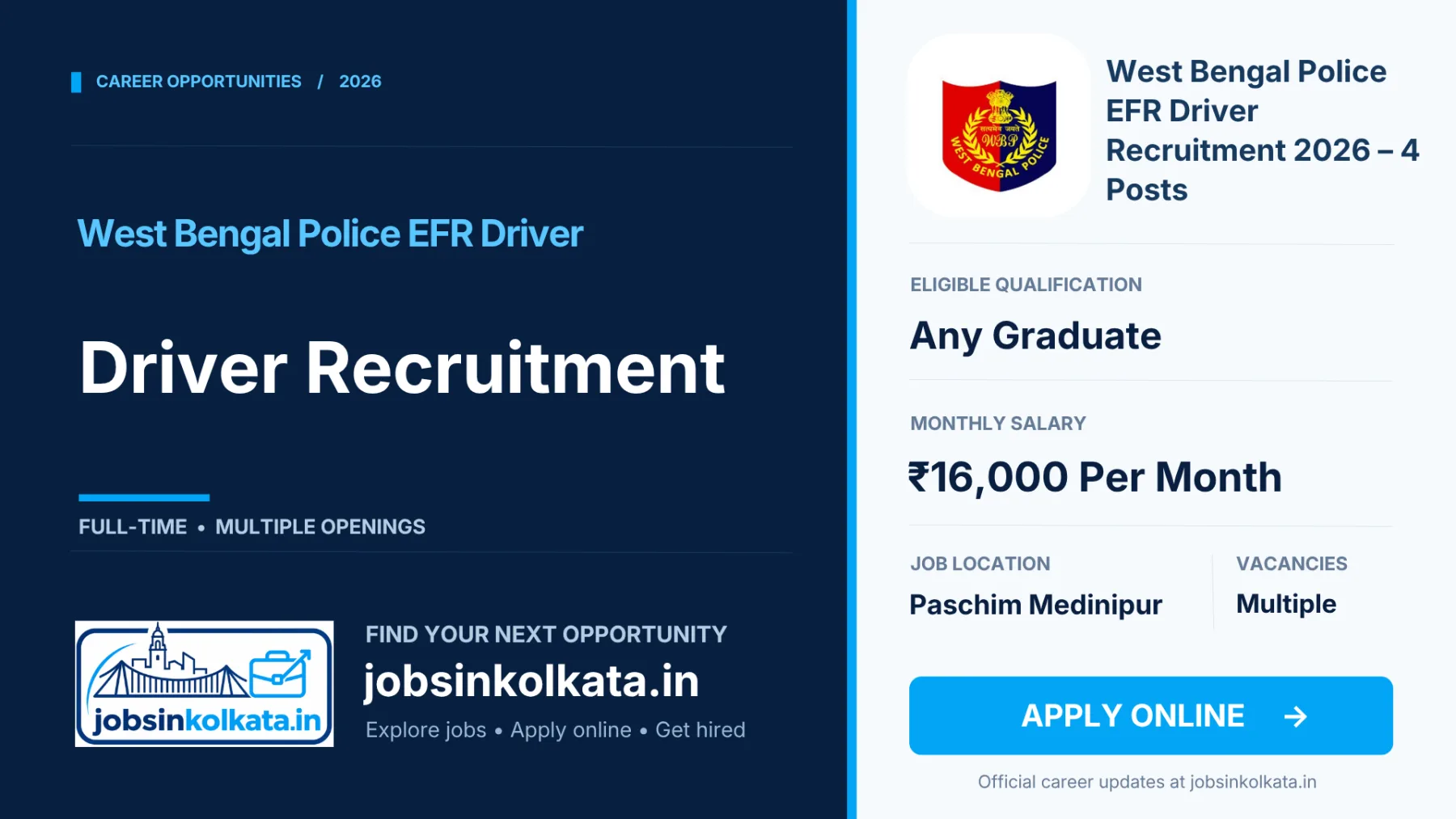 West Bengal Police EFR Driver Recruitment 2026 – 4 Contractual Driver Vacancies in Paschim Medinipur | 8th Pass Jobs