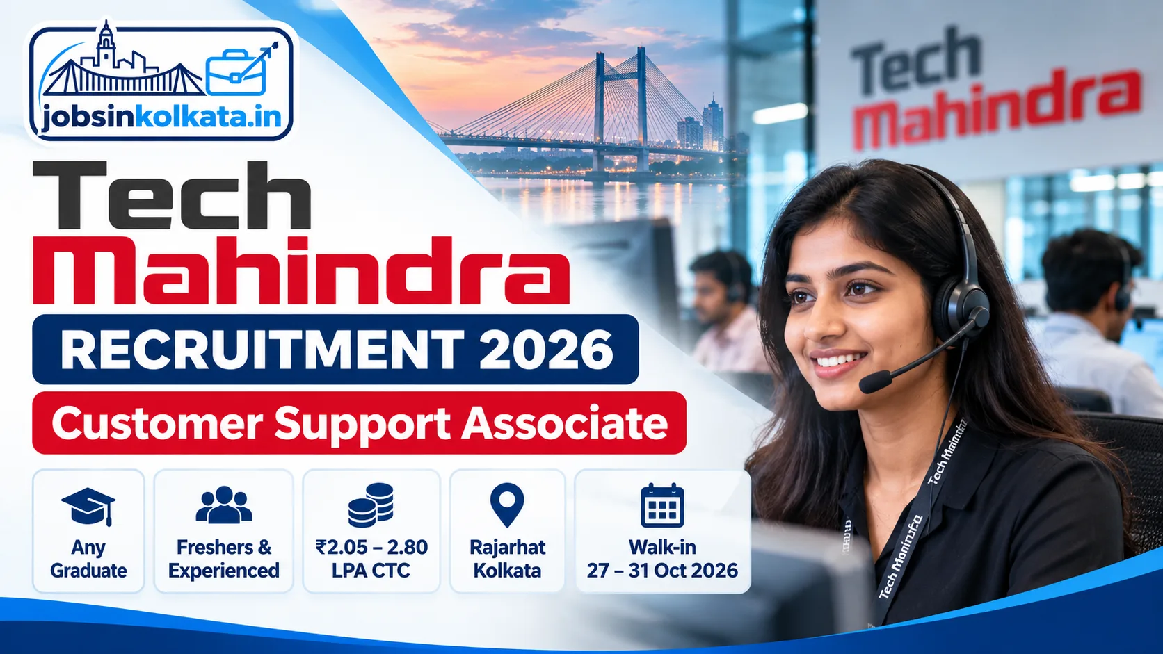 Tech Mahindra Recruitment 2026 – Customer Support Associate Walk-in Interview in Kolkata | Freshers & Experienced